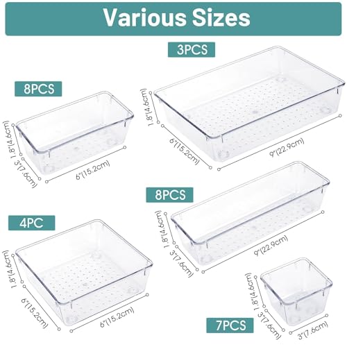 Image of WOWBOX Drawer Organizer Set, Multi Sizes Desk Drawer Divider Organizers and Storage Bins for Makeup, Jewelry, Gadgets for Kitchen, Bedroom, Bathroom, Office (Clear, 30 pcs Set)