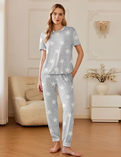 Image of Ekouaer Pajamas for Women Set 2 Pack Lounge Set Short Sleeve Pjs Joggers Long Pants Loungepwear with Pockets