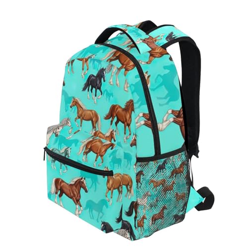 School Backpack for Girls, Horse Turquoise Travel Back Pack, Kids Back to School Supplies, Ideal for Ages 6–143