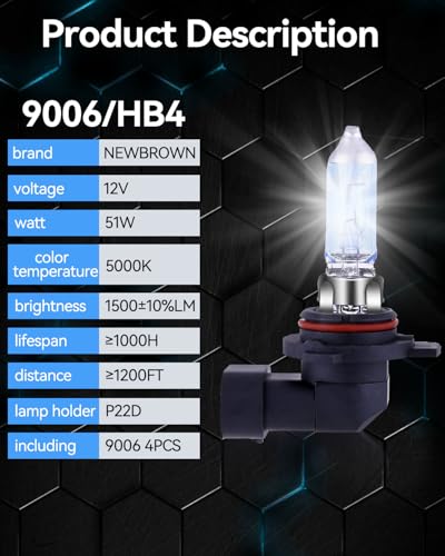 Image of NEWBROWN 9006 Headlight Bulbs 9006 HB4 Halogen Headlight Bulb 5000K Super White Light Long Life Replacement P22D 12V /51W (9006 /HB4, 4 Pack)