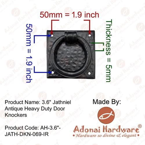 Adonai Hardware 3.6" "Jathniel" Antique Heavy Duty Cast Iron Front Entry Sturdy Stylish Hammered Ring Door Knockers for Vintage Wooden Barn Shed Doors, Gates, Fences, Furniture and Farmhouse