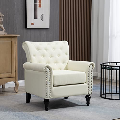 Joybase Club Chair, Mid Century Modern Accent Chair, Tufted Armchair With Nailheads And Solid Wood Legs, Upholstered Single Sofa Couch Chair, Reading Chair For Living Room Bedroom (Beige, Linen) #TOP19