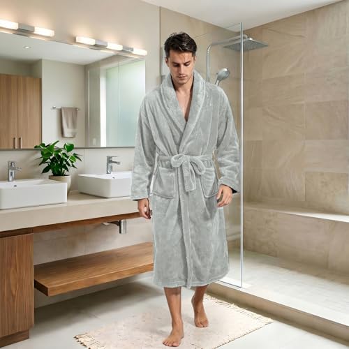 Image of Inner Wish Mens Plush Fleece Robe, Highly Absorbent Cozy Warm Bathrobe Fuzzy Male Spa Long Robe With Pockets