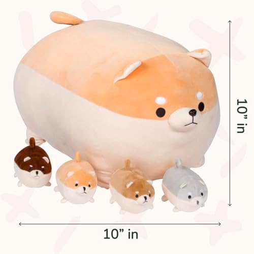 PixieCrush Stuffy Little Toys for Ages 3-8 - Cute Mommy Shiba Inu with 4 Puppies - Magical Pillow Plushie - Enchanting Stuffed Cuddly Companions for Imaginative Play - Dog Plushies with Babies Inside