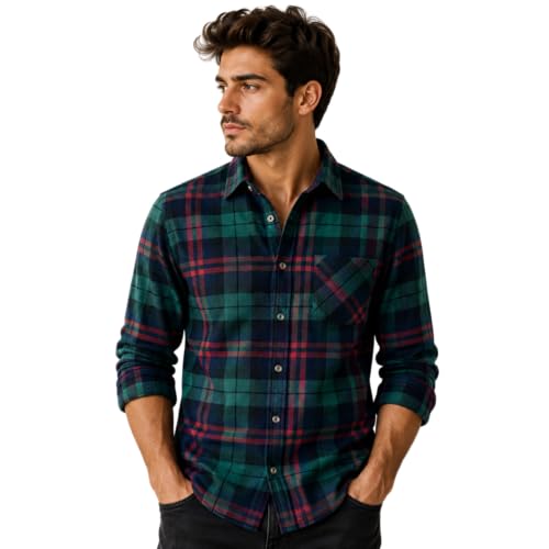 Image of Men's Plaid Flannel Shirt, Slim Fit, Long Sleeve, Button-Down, Single Chest Pocket, Cotton Blend