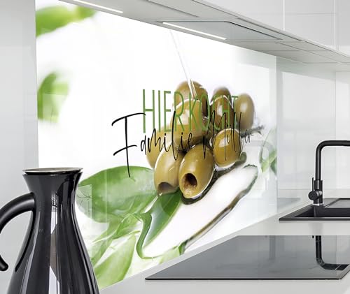 timalo Herd Spritzschutz Wand Spüle, Küche Küchenrückwand Glasoptik | Acryl Glas 2mm | Glasrückwand Acrylglas - personalisiert mit Namen - Küchenspiegel | 80x60cm Oliven, weiß