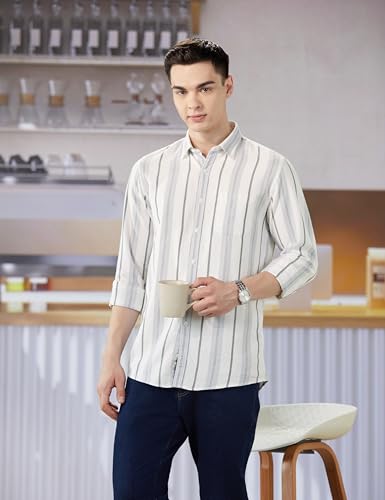 Image of Peter England Men's Linen Blend Shirt | Subtle Stripes | Full Sleeves