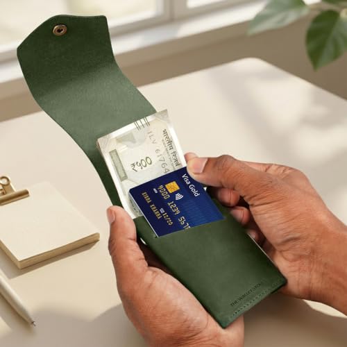 Image of The Wallet Store Flip 2.0 Genuine Leather Vertical Slim Wallet for Men | Pull-String Quick Card Access | Compact Front Cash Pocket & Button Lock | Minimalist Travel & Daily Carry Wallet (Dark Green)
