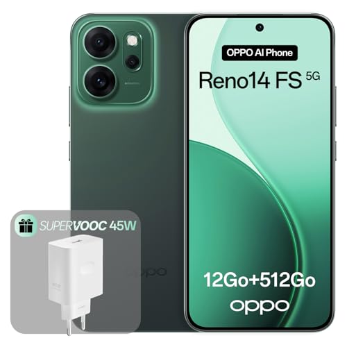 OPPO Reno14 FS 5G 12+512Go, Smartphone Android Débloqué IA, Écran 6,57 120Hz AMOLED, Caméra AI 50+32MP, Batterie 6000mAh, Résistance à l'eau IP69, Luminous Green (Inclut Chargeur 45W SUPERVOOC)