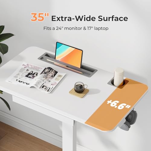 Image of Mobile Standing Desk with Drawer, 35 inch Small Standing Desk with Cup Holder, Rolling Laptop Desk on Wheels, Height Adjustable Desk with Storage for Home Office, White