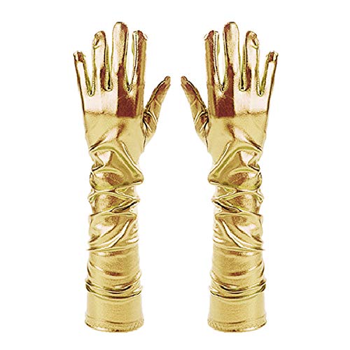 Lobagve Van Caro Women Shiny Metallic Elbow Length Gloves Elastic Stain Opera Gloves, Gold