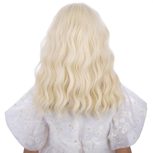 Image of Light Blonde Wig Short Platinum Blonde Wavy Curly Wigs with Air Bangs Synthetic Cosplay Hair Wig