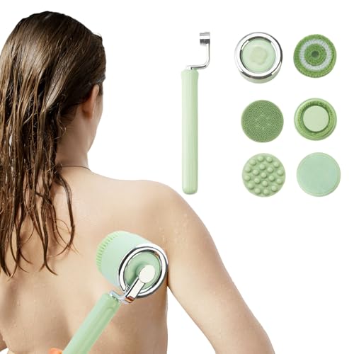 Mesiiloly Electric Body Bath Brush for Shower Rechargeable Body Brush with Detachable Long Handle and 5 Heads 3 Speeds Bath Brush for Skin Care Basic Cleaning and Massage (Sliver)