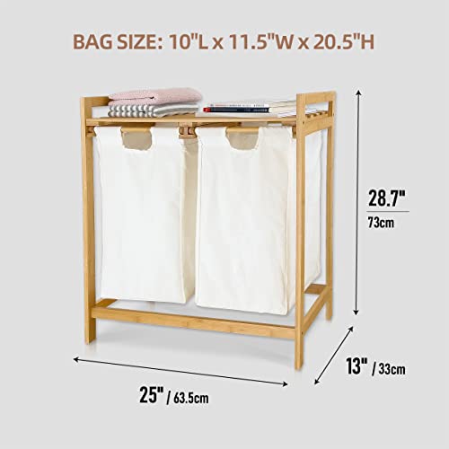 Bellglee Laundry Hamper With Shelf, 2 Sections Wooden Laundry Basket With Sliding Removable Bags, Bamboo Wood Laundry Organizer With Double Compartments, Laundry Sorter With Handles #TOP3