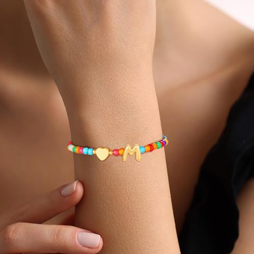 Colorful Initial Bracelets for Women Girls, Cute Beaded Heart Shell Initial Bracelets Teen Gilr Gifts Trendy Stuff Gold Charm Bracelet Gifts for Women2