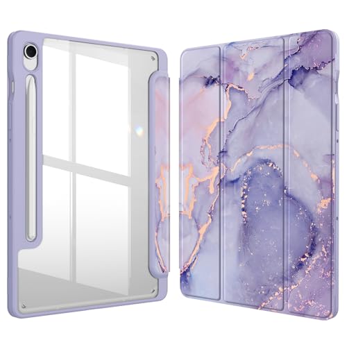 Fintie Hybrid Slim Case for Samsung Galaxy Tab S10 Lite/ S10 FE/ S9 FE 10.9 Inch/Tab S9 11 Inch with S Pen Holder, Shockproof Cover with Clear Transparent Back Shell, Auto Wake/Sleep, Lilac Marble