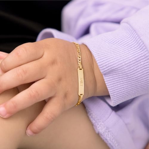 In Season Jewelry 14k Yellow Gold Unisex Adjustable Kids ID Bracelet with Engravable Identification Tag - Cute Figaro Link Chain Rectangular Name Plate Bracelets for Babies & Children3