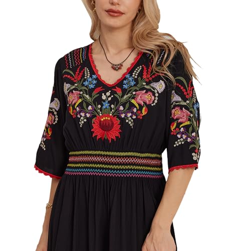 Hgustar Mexican Embroidered Dress for Women Boho Traditional Fiesta Summer Peasant Bohemian Floral Midi Cocktail Dresses2