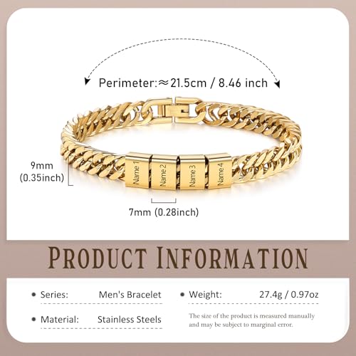 Personalised Cuban Link Bracelet for Men – Stainless Steel Custom Chain Bracelet with Engraved Names – Mens Bracelet Gift for Husband Dad Son Grandpa – Birthday Anniversary Father’s Day Christmas (Gold-4 Names)