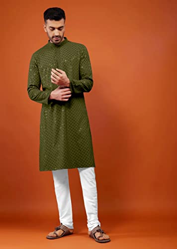 Image of Men's Rayon Blend Lucknowi Sequence Kurta Pyjama (Chickankari)
