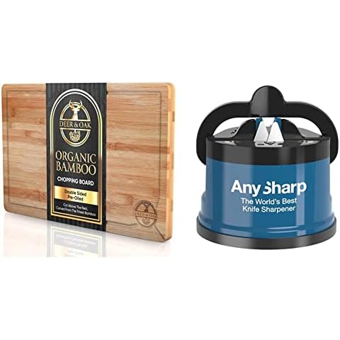 Deer & Oak - Premium Wooden Chopping Board - 38 x 25 x 2 cm Bamboo Cutting Board for Carving Meat or Vegetables - Pre Oiled, Treated, Attractive Wood & AnySharp Knife Sharpener with PowerGrip, Blue Cover