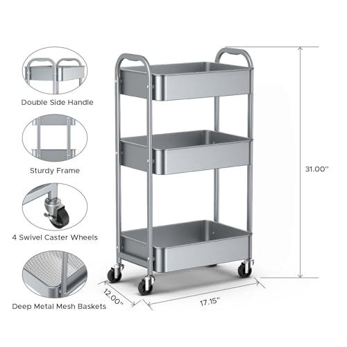 Image of MAX Houser 3-Tier Rolling Utility Cart with Caster Wheels,Easy Assembly, for Kitchen, Bathroom (Silvery-Grey) (Pack of 3)