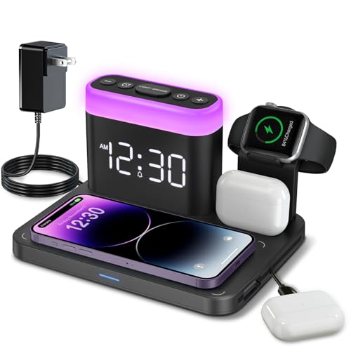 ANJANK 3in1急速ワイヤレス充電器|目覚まし時計付き&7色ナイトライト付き, MagSafe対応ワイヤレス充電スタンド 同時にiPhone17/16/15/14/13/12 Pro/ProMax/Plus/Apple Watch/AirPodsに対
