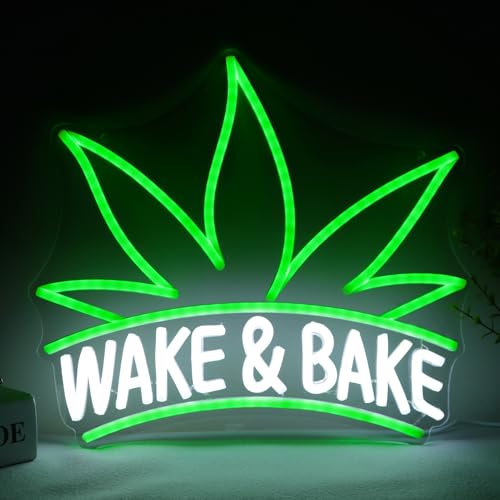 Image of Wake & Bake Neon Signs Green Weed Leaf LED Neon for Bar Decor,Dimmable Wake and Leaf Neon Lights Men Cave Bedroom Living Room Gifts for Christmas Birthday(Green, Wake)