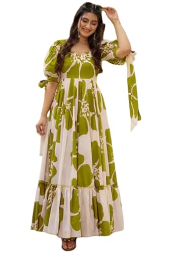 Image of Women Floral Printed Tiered Maxi Dress with Puff Sleeves, Empire Waist, Tie-Up Detail, Flared Long Dress for Casual Wear, Summer Outings, Vacation & Resort Wear - Causal Gown for Women
