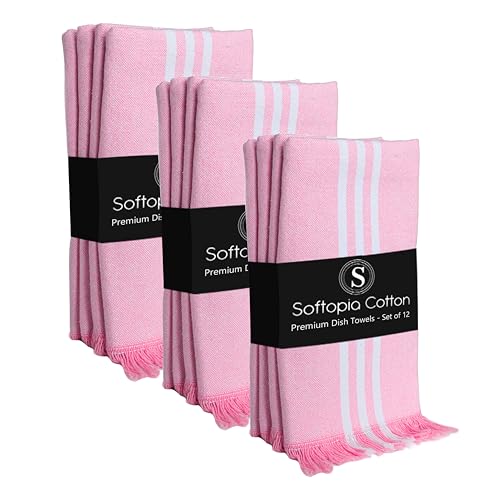 Image of Prewashed Stripe Tea Towels 12 Pack, 16x26 Inches, Dish Cloths for Cooking and Cleaning, Quick Dry Kitchen Rags, Reusable Hand Towels for Drying Dishes and Surfaces - Rose Pink