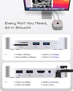 Stouchi Mac mini M4 Dock with NVMe SSD Enclosure, M4 Stand & Hub with 2X USB A 10Gbps, SD/TF Card Readers, 4K@60 HDMI, 2X USB A Data Port, Audio 3.5mm for Mac Mini M4/M4 Pro With Power Button