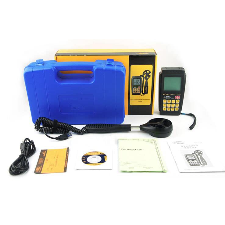 Contents of the ZOEYEC Smart Sensor AR856 package including anemometer, case, cables, and manuals
