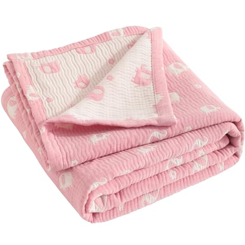 NTBAY 3 Layer Oversized Muslin Toddler Blanket, 45 x 60, Pink Elephant