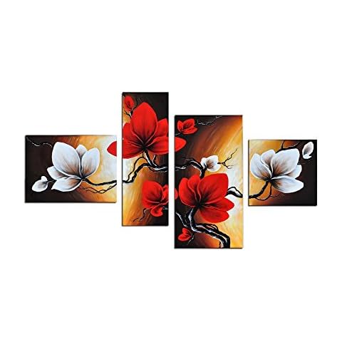 Noah Art-Hand Painted Canvas Wall Art Flowers, Spring Bloom Tulip Modern Flower Paintings, 4 Panel Stretched Red Flower Pictures Wall Decor for Bedroom Cover