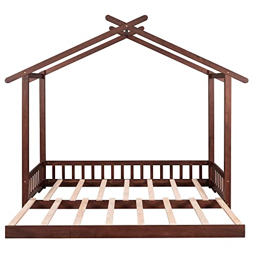 Aocoroe House Bed Frame Twin/King Bed Frame For Boys And Girls, Wood Extending Twin To King Extendable Playhouse-Design Montessori Floor Bed Platform Bed Frame With Trundle #TOP3