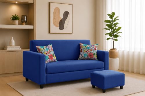 Image of Rosebell 2 Seater Sofa with Ottoman | Living Room Couch | with Printed Cushions | Sofa for Home, Apartment & Office-Blue Color