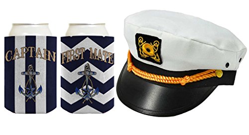 Captain Cap Yacht Hat Funny Beer Coolie Captain and First Mate Chevron Can Coolie Bundle Navy Stripe