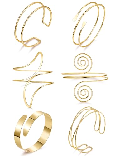 Vegolita 6Pcs Boho Coil Arm Cuff Bangle Set - Adjustable Minimalist Open Arm Cuff Armlet Armband