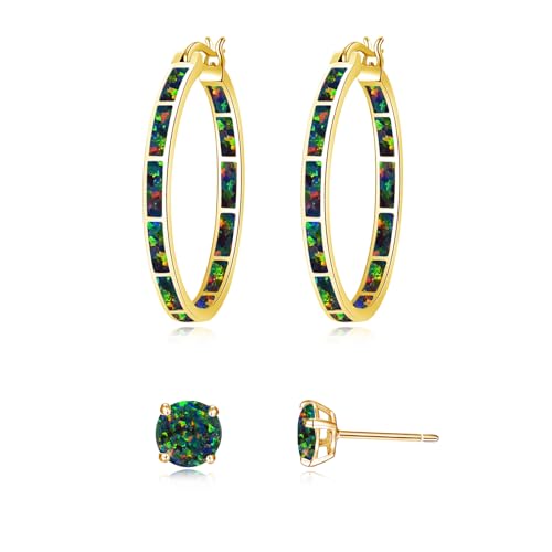 CiNily 2Pairs Gold Plated Opal Hoop Earrings Tiny Stud Earrings for Women