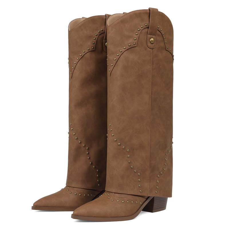 Erocalli Shark Fold Over Cowboy Cowgirl Boots Studded - Knee High Tall Western Slouch Pointed Toe Pull on