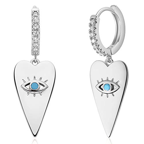 GUEMER Gold Heart Evil Eye Huggie Hoop Earrings White Gold Plated Dainty Evil Eye Dangle Drop Charm Earrings Tiny Chic Cute Small Trendy Ear Sleeper Simple Delicate Huggy Eyes Hoop Earrings for Women