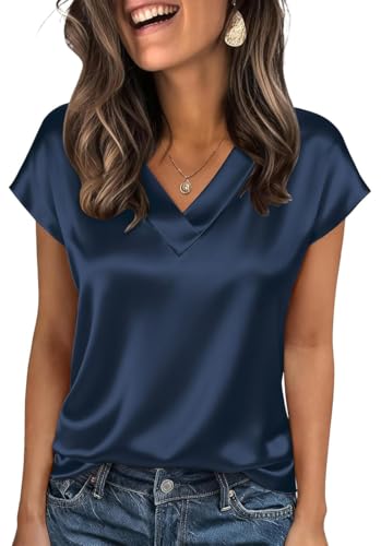 OLIPHEE Camiseta Satén Camiseta Mujer Manga Corta Cuello V Top Mujer Verano Blusa Mujers Satén Casual Elegante Trabajo Verano Azul Marino L