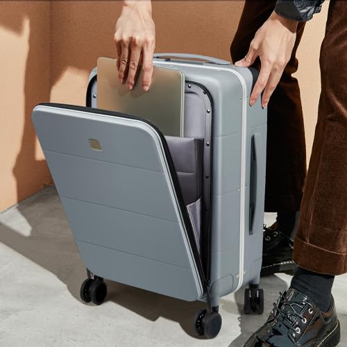 Hanke Wide Handle Luggage, 24 Inch Suitcase with Front Pocket, Top Open PC Hard Shell Suitcases with Spinner Wheels,Trunk Style Zipperless Aluminum Luggages Large Checked In(Grey, 69L)