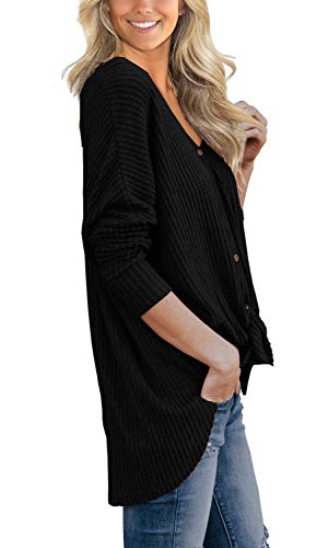IWOLLENCE Womens Loose Henley Blouse Bat Wing Long Sleeve Button Down T Shirts Tie Front Knot Tops Black Medium