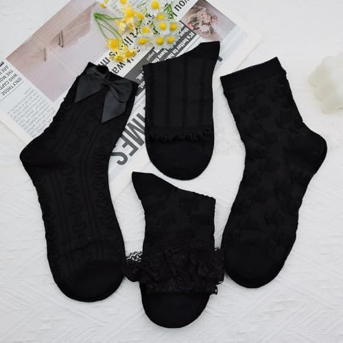 5 Pairs Women's Lace Ruffled Socks with Bows, Cute Frilly Ankle Socks4