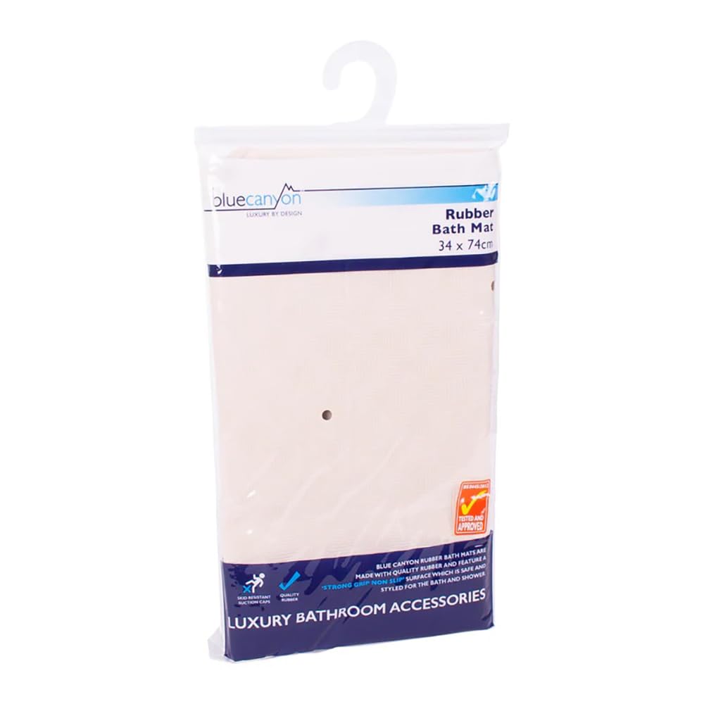 Blue Canyon Nonslip Antibacterial Rubber Bath Mats, Quick Dry Bath Rug with Suction Pads & Drain Holes, Mould Resistant Bathroom Accessory, Durable Bath Rug Runner 34 x 74 cm – Cream