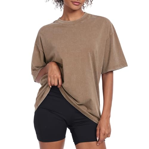 Womens Vintage Oversized T Shirts Acid Washed Baggy Cotton Tee Casual Workout Boyfriend Short Sleeve Tops(Coffee S)
