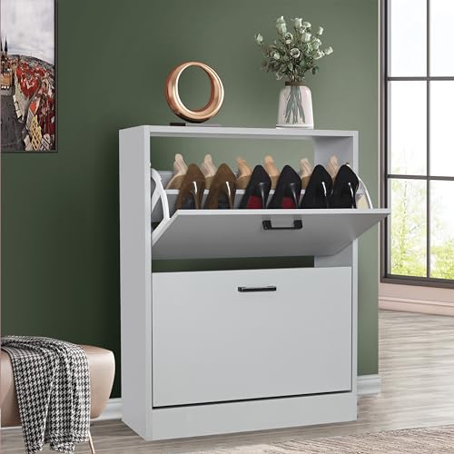 Shoe Storage Cabinet for Hallway Shoe Storage Organiser with 2 Drawer Shoes Rack 2 Tier Storage Cabinet Freestanding Footwear Stand for Hallway, Entryway, Living Room, Light Grey, 60W x 24D x 80H cm