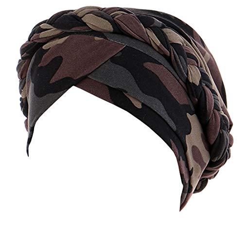 Chemo Cancer Head Hat Cap Ethnic Bohemia Pre-Tied Twisted Braid Hair Cover Wrap Turban Headwear (D Camouflage Army Green)