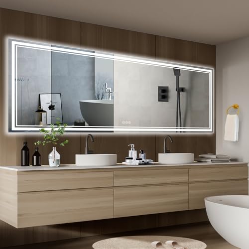 Image of 110x40 Inch Led Mirror for Bathroom with Front Light and Backlit, Bathroom Mirror with Led Lights, Vanity Mirror with Lights for Wall, Anti-Fog, Dimmable, Memory Function, Tempered Glass